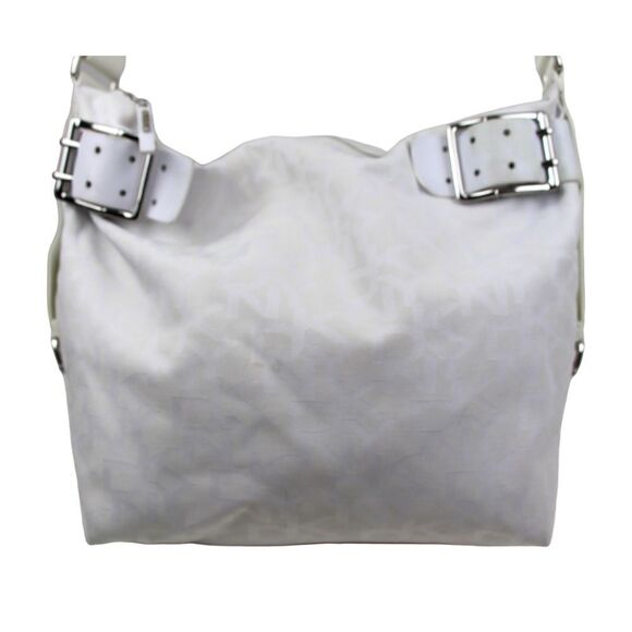 LARGE DKNY SIGNATURE WHITE JACQUARD LEATHER SHOULDER BAG CROSSBODY HOBO PURSE - Picture 3 of 14